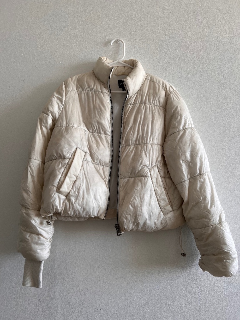 Cream Cropped Puffer Jacket with Drawstring Hem